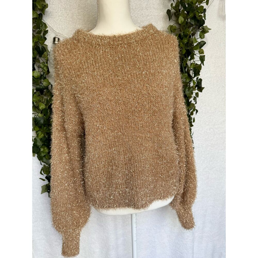 CATO Brown Sparkly Back Bow Balloon Sleeved Sweater Women's Small - Picture 2 of 11